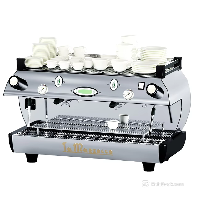 Professional Coffee Machine With Stacked Cups And Plates On Top As Kitchen Appliance 3d model 