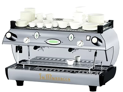 Professional Coffee Machine With Stacked Cups And Plates On Top As Kitchen Appliance 3d model