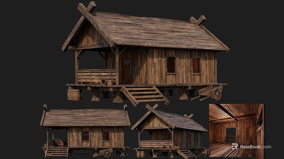 Traditional Ancient Wooden Building With Wooden Roof Steps Wheels And Interior View 3d model 