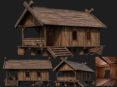 Traditional Ancient Wooden Building With Wooden Roof Steps Wheels And Interior View 3d model