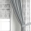 Gray Patterned Window Curtains With White Sheer Panels And Tiebacks 3d model