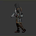 Hooded Character With Rifle And Mystical Creature In Gray Orange Robe Design