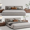 Modern Upholstered Double Bed with Wooden Nightstands Gray Brown Pillows and Bedside Lamps