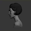3D Female Character Bust Model With Black Hair Fur Shoulders And Gray Background
