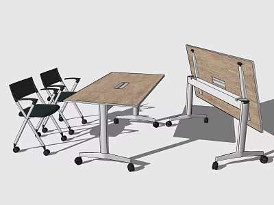Folding Conference Table With Wooden Top Metal Frame Rolling Wheels And Matching Chairs 3d model