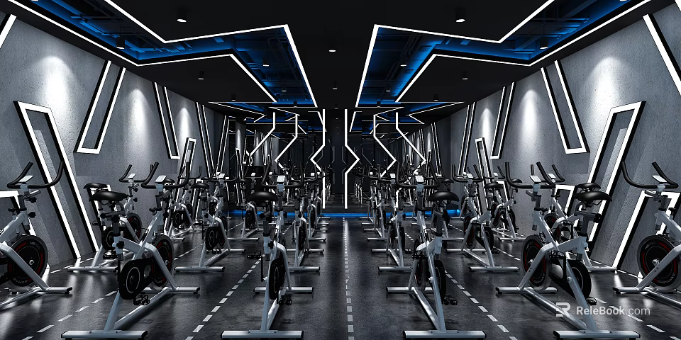 Modern Fitness Gym Interior With Spin Bikes And LED Lighting For Workout Sessions 3d model 