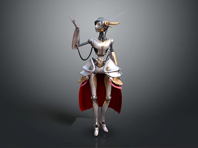 Robot Character With Mechanical Creature Design Silver Gold Armor And Red Cape Standing Pose 3d model