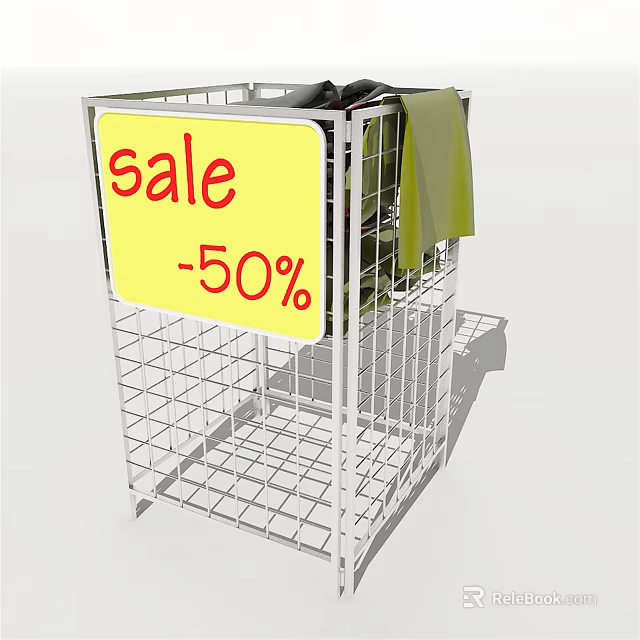 Metal Grid Display Rack With Yellow Sale Sign 50 Percent Discount And Hanging Clothes 3d model 