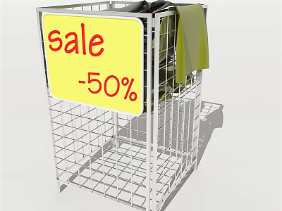 Metal Grid Display Rack With Yellow Sale Sign 50 Percent Discount And Hanging Clothes 3d model