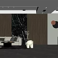 Modern Living Dining Room With Beige Sofa Marble Accent Wall Wooden Panel And Circular Decor