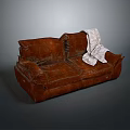 Cozy Brown Leather Sofa With White Blanket For Living Room Furniture
