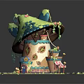 Cartoon Mushroom House With Green Roof Decorative Windows Colorful Door And Grass Base