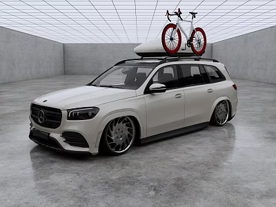 White Mercedes SUV With Red Bicycles Mounted On Roof Rack In Modern Indoor Garage 3d model
