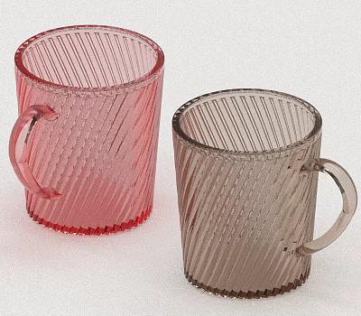 Red And Brown Glass Cups With Striped Dotted Texture And Handles 3d model