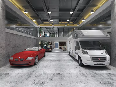 4S Auto Dealership Showroom Displaying Red Sports Car And White Motorhome In Indoor Space 3d model