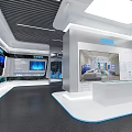 Futuristic Exhibition Space Featuring Large Curved Screen Cityscape Display And Circular Lit Ceiling Platform
