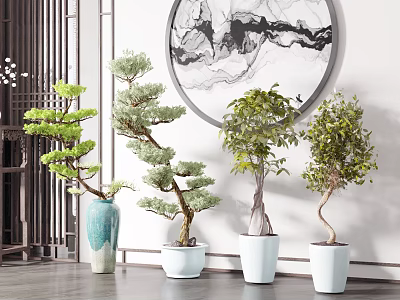 Bonsai Trees in Chinese Indoor Decor with Round Ink Painting Wooden Screen and Colorful Pots 3d model