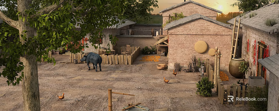 Traditional Rural Garden Landscape With Brick Houses Green Trees Wooden Fence Water Buffalo And Chickens 3d model 