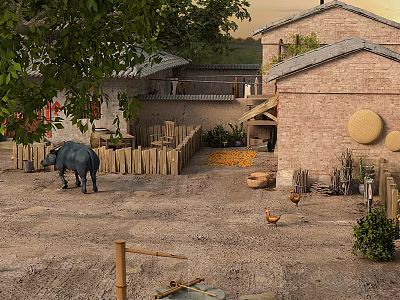Traditional Rural Garden Landscape With Brick Houses Green Trees Wooden Fence Water Buffalo And Chickens 3d model
