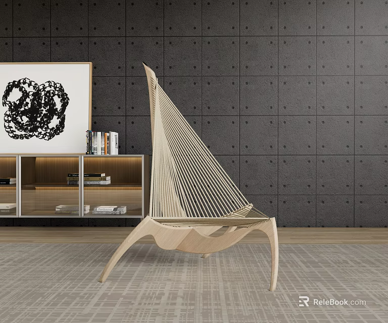 Elegant Modern Leisure Chair With Wooden Frame And Rattan Weave In Living Room Interior 3d model 