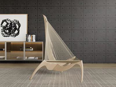 Elegant Modern Leisure Chair With Wooden Frame And Rattan Weave In Living Room Interior 3d model