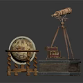 Vintage Globe With Wooden Stand Telescope On Tripod And Wooden Box With Paper