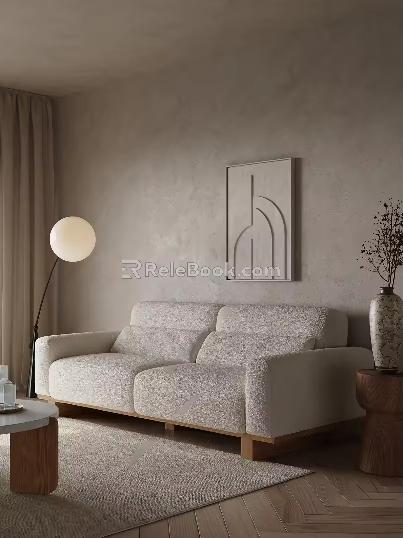 Quiet Wind Double Sofa Painting Carpet Coffee Table Side Table Corner Floor Lamp Curtain 3d model