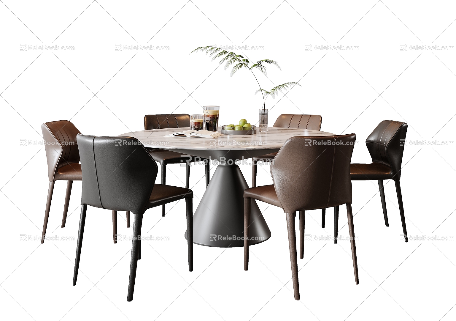 Modern Italian Dining Table and Chair Combination Round Table Leather Dining Chair Dining Table Vase Ornaments Rock Plate Round Table Fruit 3d model