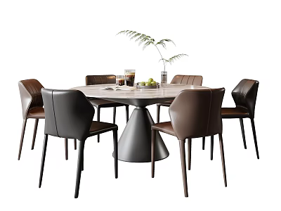 Modern Dining Table Set With Six Comfortable Leather Chairs And Decorative Plant Glasses On Top 3d model