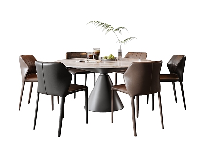 Modern Italian Dining Table and Chair Combination Round Table Leather Dining Chair Dining Table Vase Ornaments Rock Plate Round Table Fruit 3d model