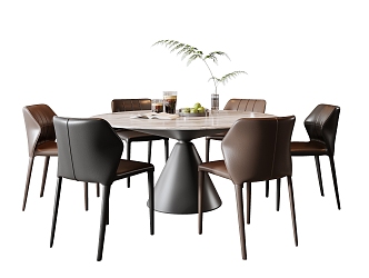 Modern Italian Dining Table and Chair Combination Round Table Leather Dining Chair Dining Table Vase Ornaments Rock Plate Round Table Fruit 3d model