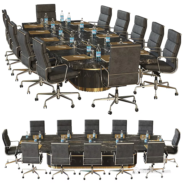 Modern Round Conference Table With Black Wheeled Office Chairs And Water Bottles 3d model 