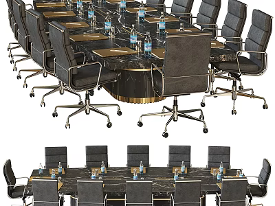 Modern Round Conference Table With Black Wheeled Office Chairs And Water Bottles 3d model
