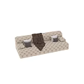 Comfortable Beige Tufted Sectional Sofa With Decorative Pillows Throw Blanket And Fur Rug