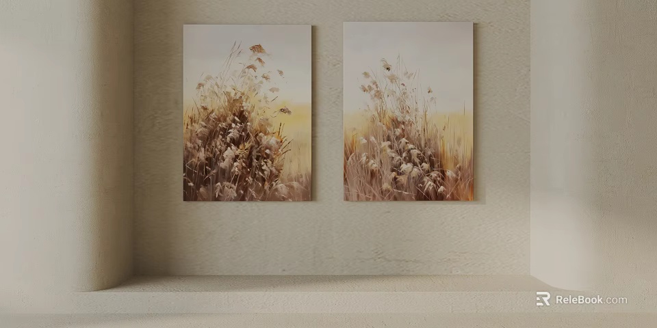 Two Wall Art Paintings Featuring Reed Grass In Yellow Background 3d model