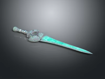 Ancient Bronze Sword With Green Patina Decorative Hilt And Intricate Patterns 3d model