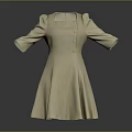 Beige Women's Dress With Square Neckline Three Quarter Sleeves Fitted Waist And Flared Hem