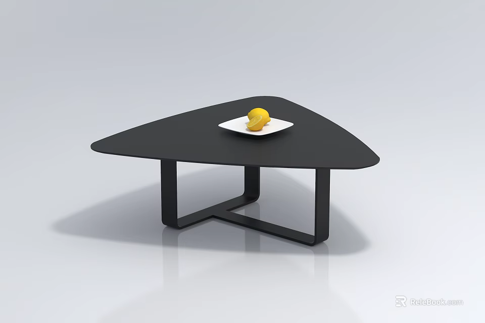 Modern Black Triangular Coffee Table With White Plate And Yellow Fruit 3d model 