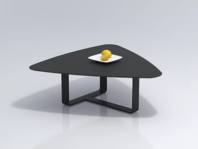 Modern Black Triangular Coffee Table With White Plate And Yellow Fruit 3d model
