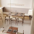 Warm Toned Restaurant Interior With Pendant Lights Dining Tables Chairs Bar Counter And Decorative Column
