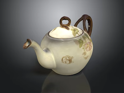 White Ceramic Teapot With Floral Design Snail Pattern And Wooden Handle For Daily Use 3d model
