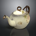 White Ceramic Teapot With Floral Design Snail Pattern And Wooden Handle For Daily Use