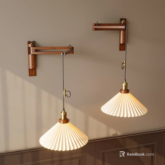 Wooden Frame Wall Lamps With White Pleated Shades For Interior Decoration 3d model 