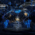 Luxurious Restaurant Interior With Blue Lighting Crystal Decor Circular Chandeliers Elephant Sculptures And Tiered Stage