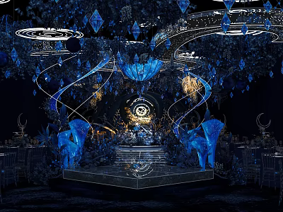 Luxurious Restaurant Interior With Blue Lighting Crystal Decor Circular Chandeliers Elephant Sculptures And Tiered Stage 3d model