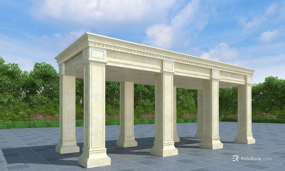 White Pergola Structure With Columns Surrounded by Green Trees Under Blue Sky 3d model