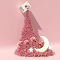 Pink Flower Arrangement with Moon Shape Decoration and Happy Card on Pink Background