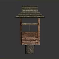 Traditional Rustic Wooden Well House Architecture With Sloped Roof And Wooden Wheel