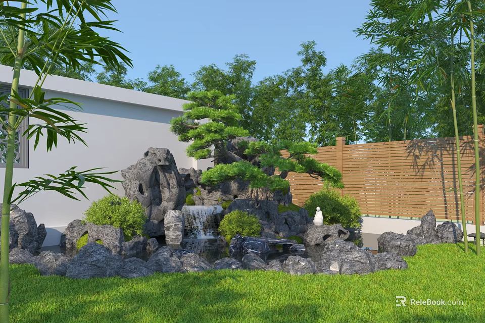 Rockery Stones With Waterfall And Pine Tree In Garden Green Grass Wooden Fence White Wall 3d model 