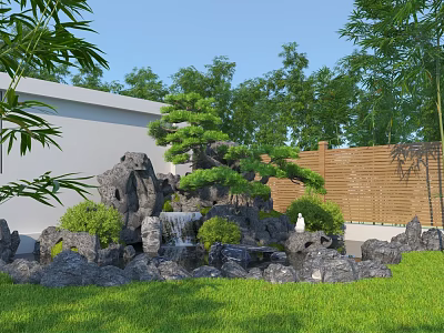 Rockery Stones With Waterfall And Pine Tree In Garden Green Grass Wooden Fence White Wall 3d model